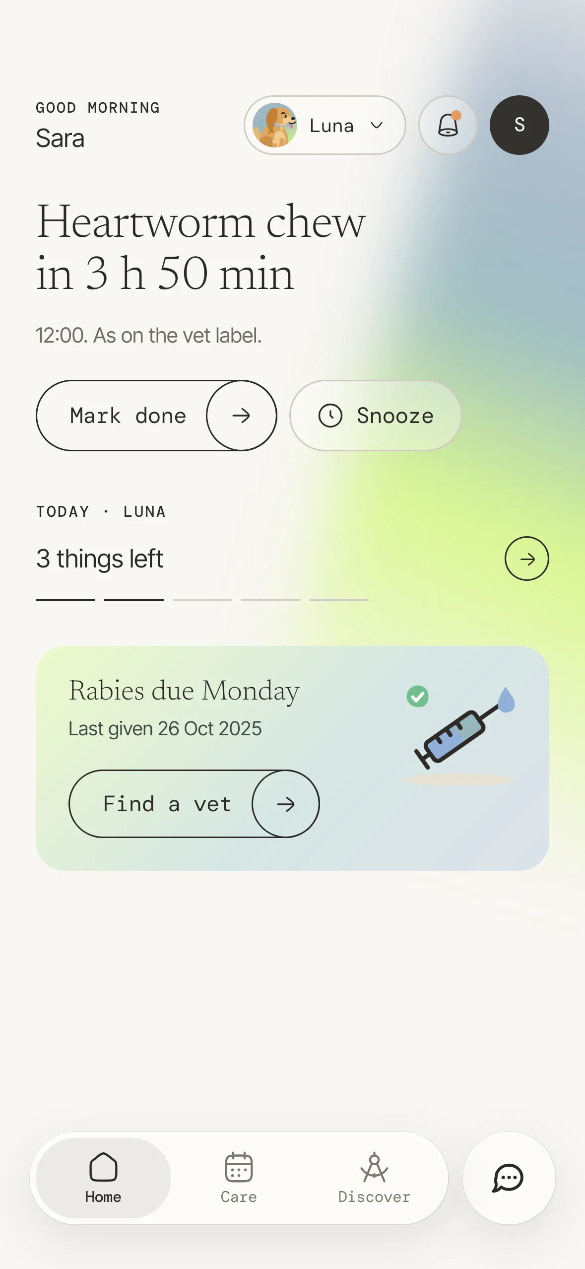 Mori Home screen: the next task for Luna, with one-tap Mark done